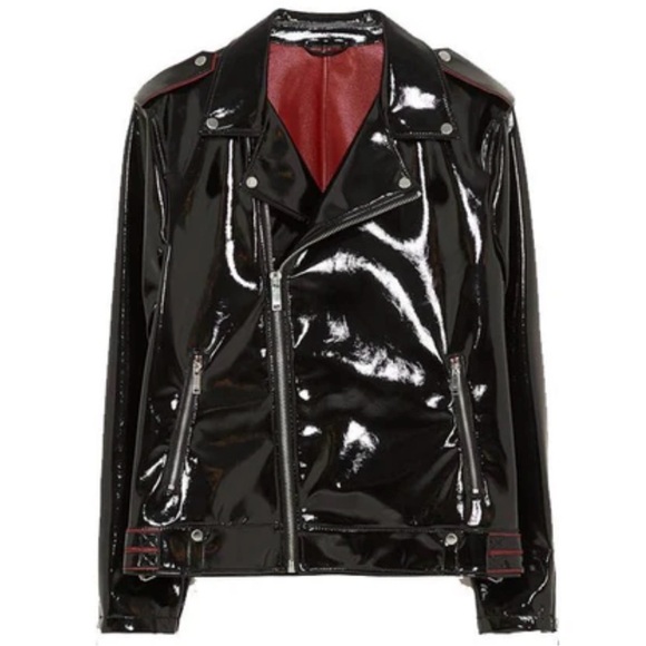 Zara Black Patent Leather Jacket with Red Accents - Picture 2 of 8